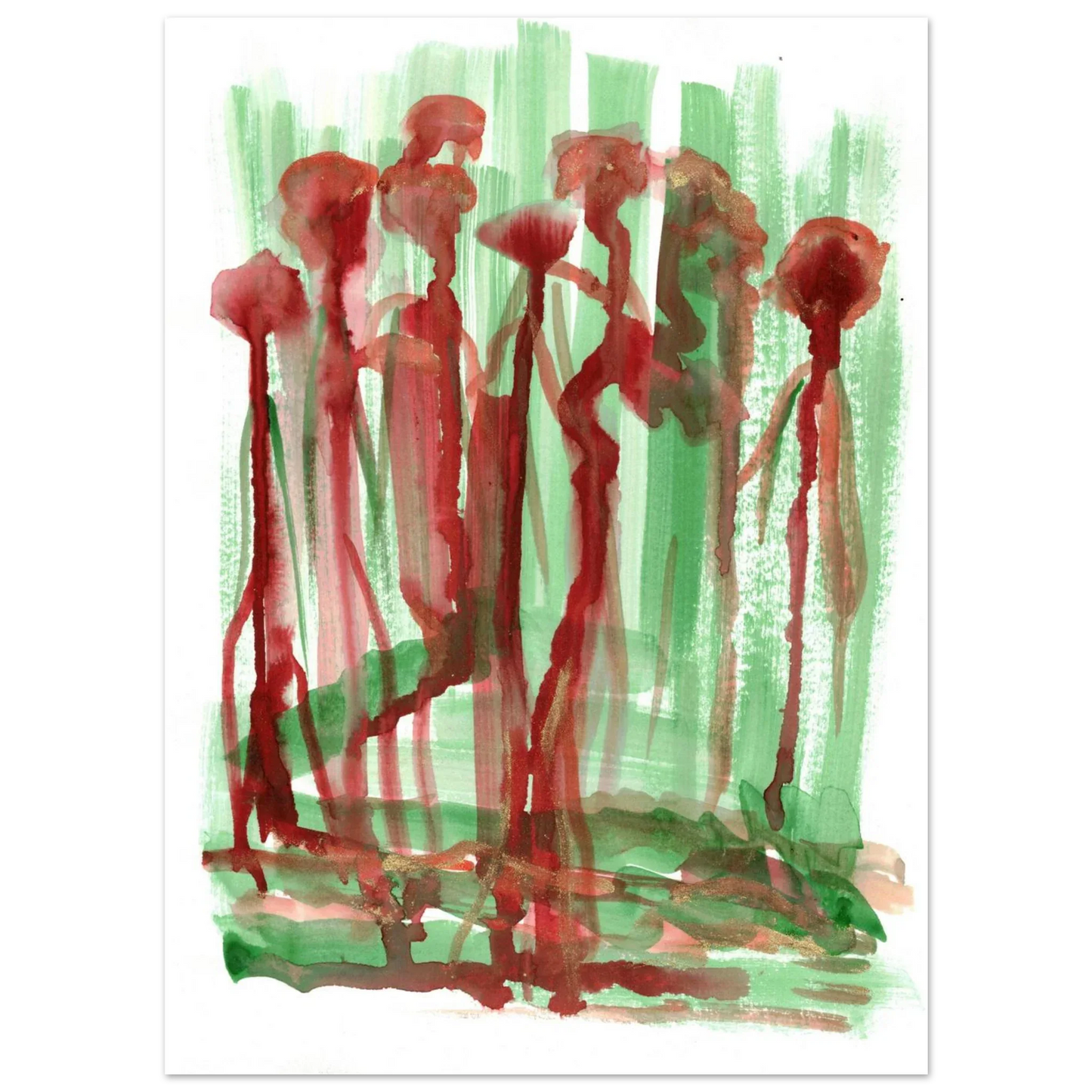 Abstract Floral Garden Premium Matte Poster - Vibrant Red & Green Watercolor Art (RDJ3-1) - Laure Leprince - Artiste Peintre