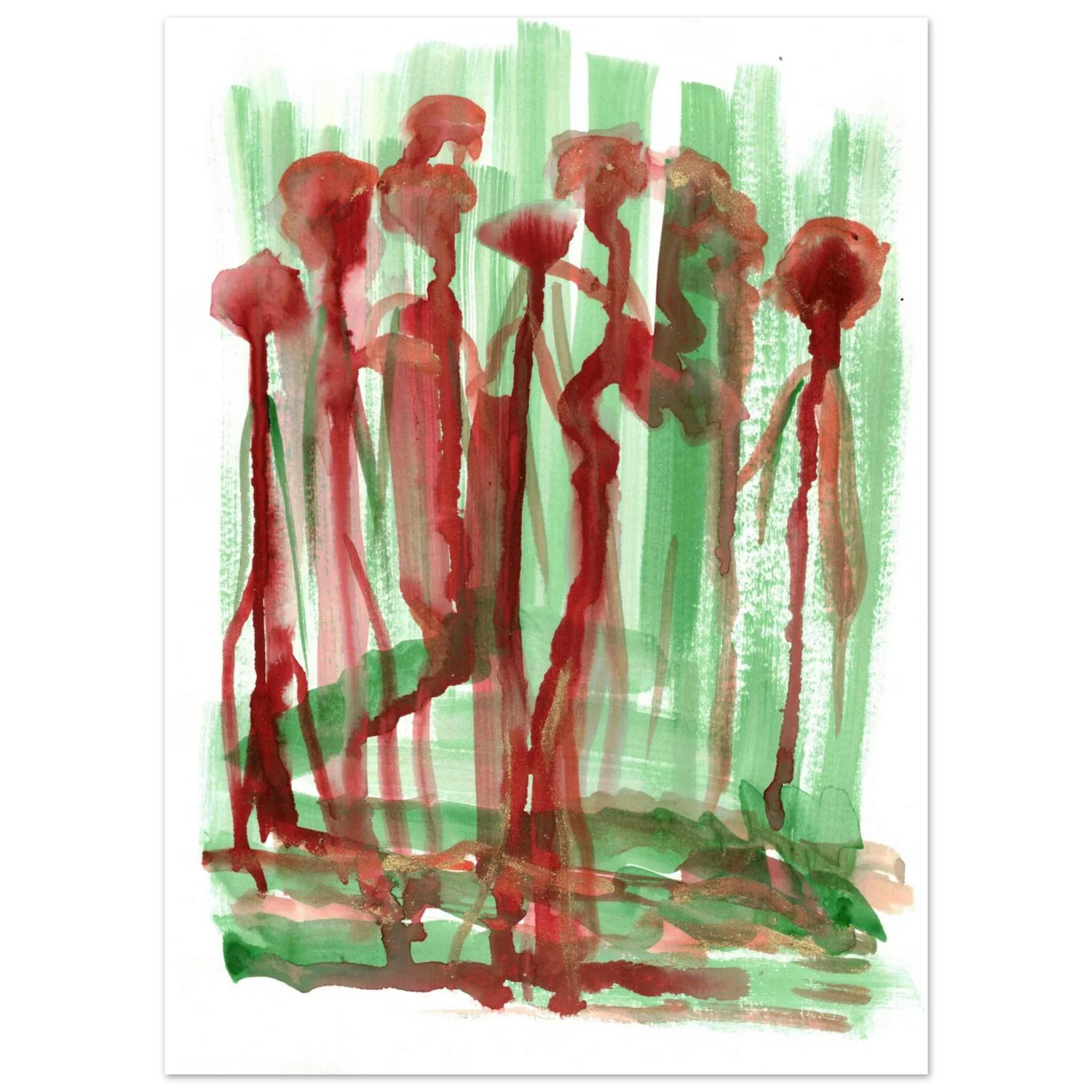 Abstract Floral Garden Premium Matte Poster - Vibrant Red & Green Watercolor Art (RDJ3-1) - Laure Leprince - Artiste Peintre