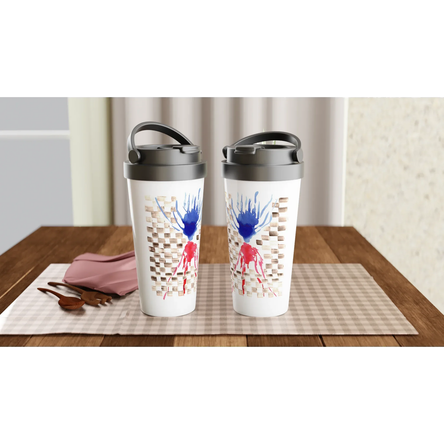 Mug de voyage blanc en acier inoxydable damier – 44 cl | Élégant, pratique et isotherme - Laure Leprince - Artiste Peintre