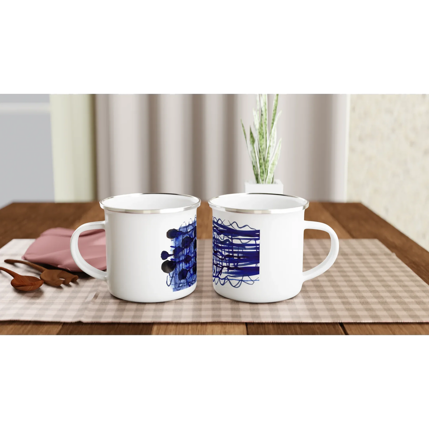 Mug en émail blanc 35 cl Silence Indigo – Léger, vintage et résistant - Laure Leprince - Artiste Peintre