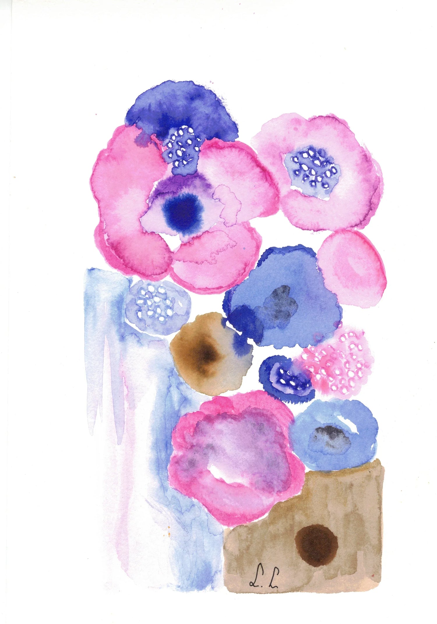 Anémones boréales – aquarelle abstraite bleu & rose - Laure Leprince - Artiste Peintre