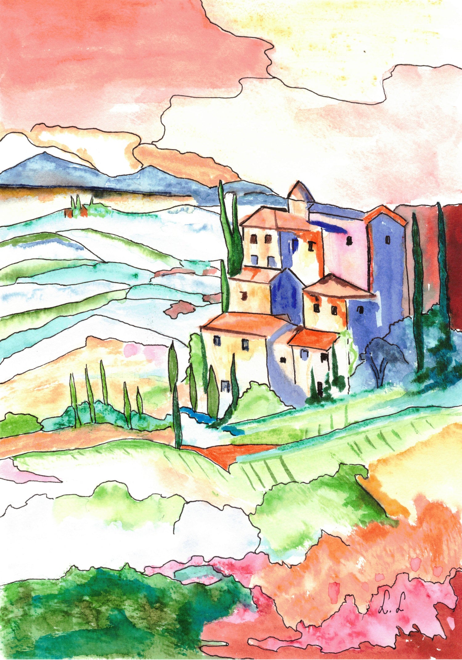 Aquarelle œuvre Originale Numérique en Toscane