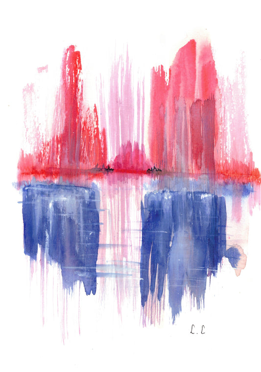 Horizon de braise – aquarelle abstraite Rouges & bleus| Laure Leprince