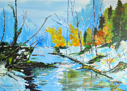 Peinture au Couteau œuvre Originale Numérique Rivière Alpine