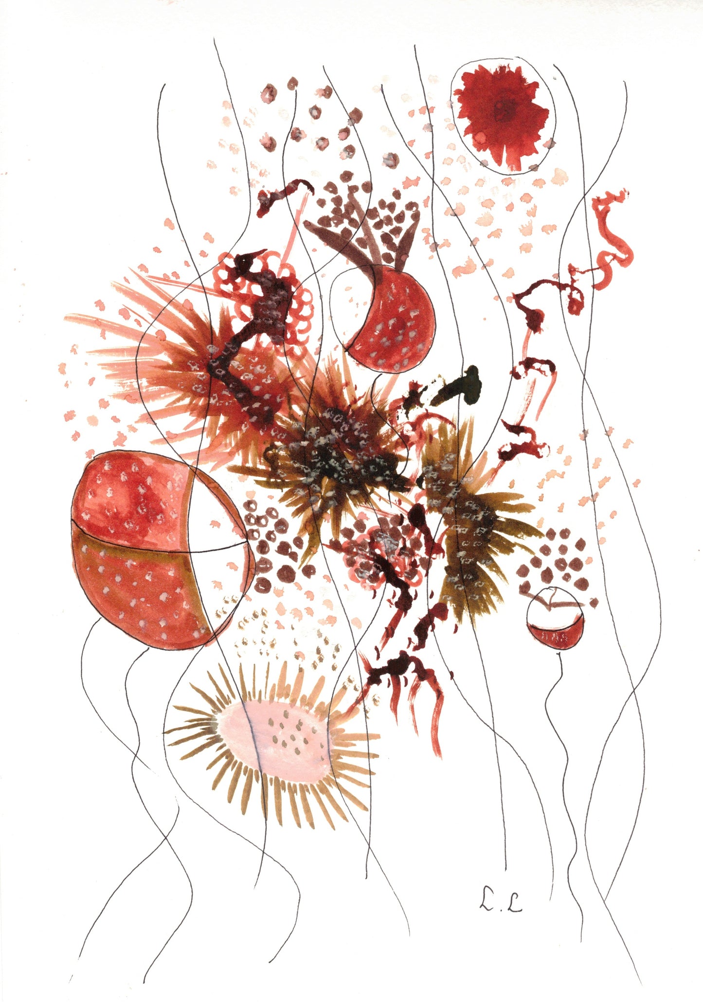 Semences ardentes – aquarelle abstraite Rouges et marrons | Laure Leprince
