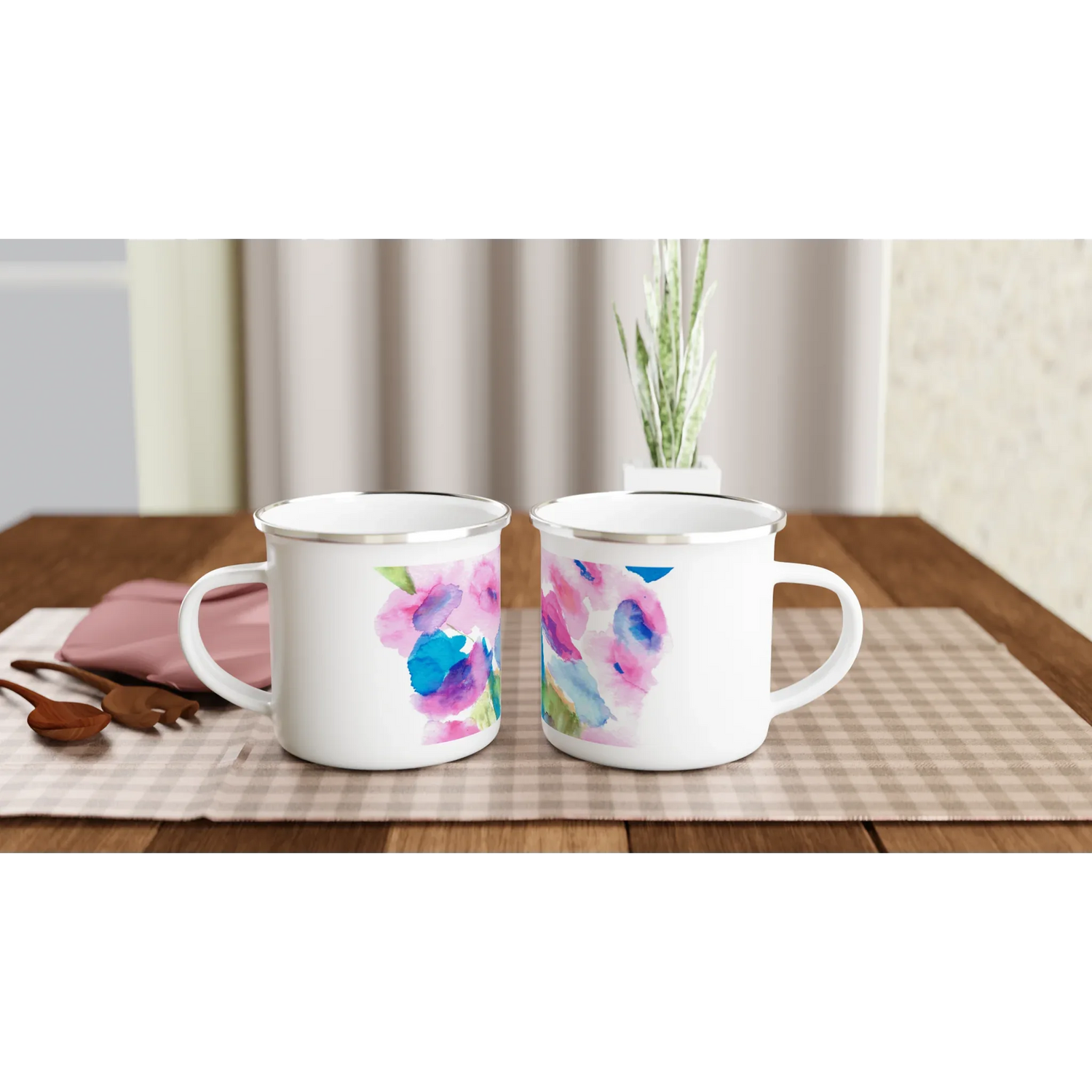 Mug en émail blanc 35 cl Bouquets Rosé – Léger, vintage et résistant - Laure Leprince - Artiste Peintre