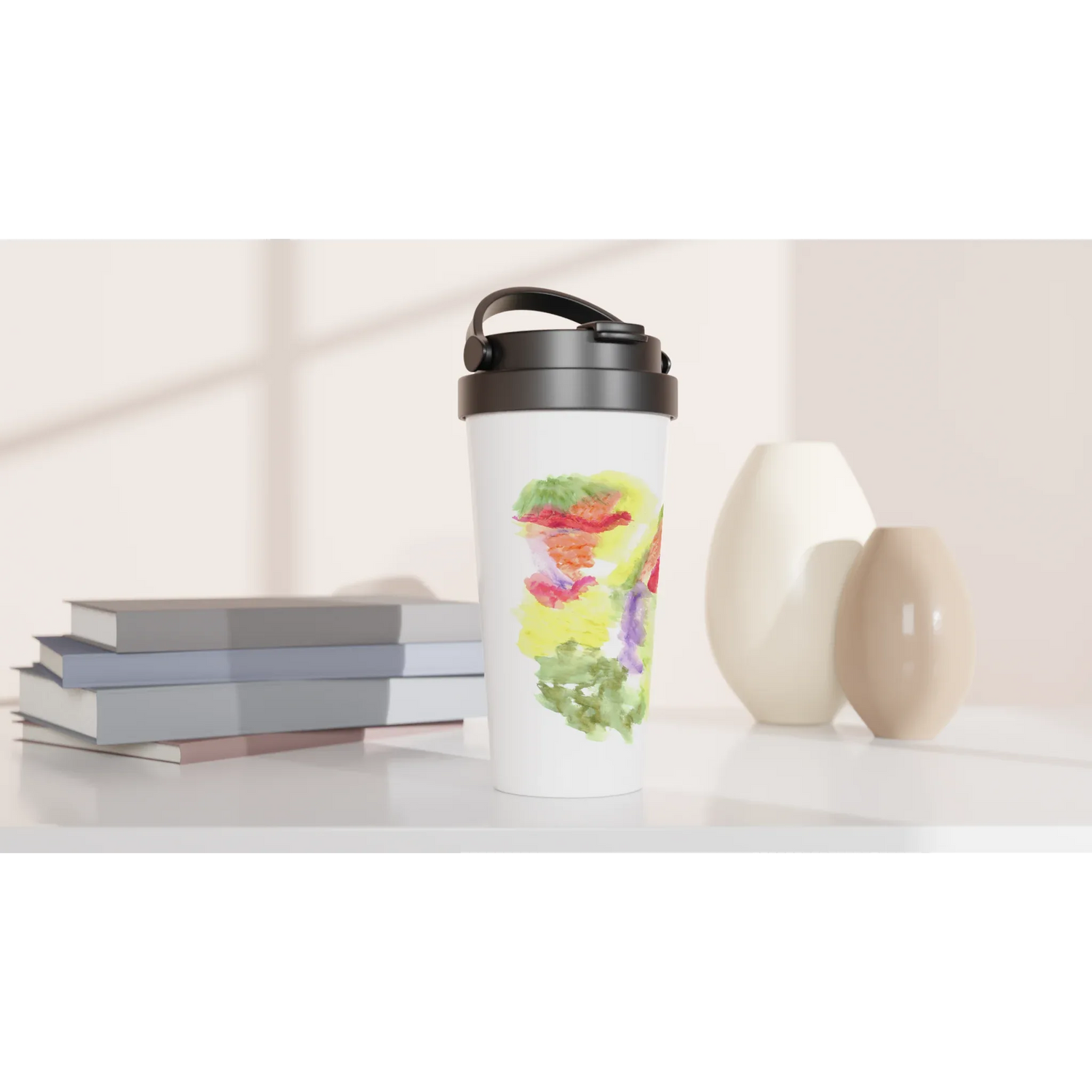 Mug de voyage blanc en acier inoxydable – 44 cl Eclosion Chromatique Élégant, pratique et isotherme - Laure Leprince - Artiste Peintre