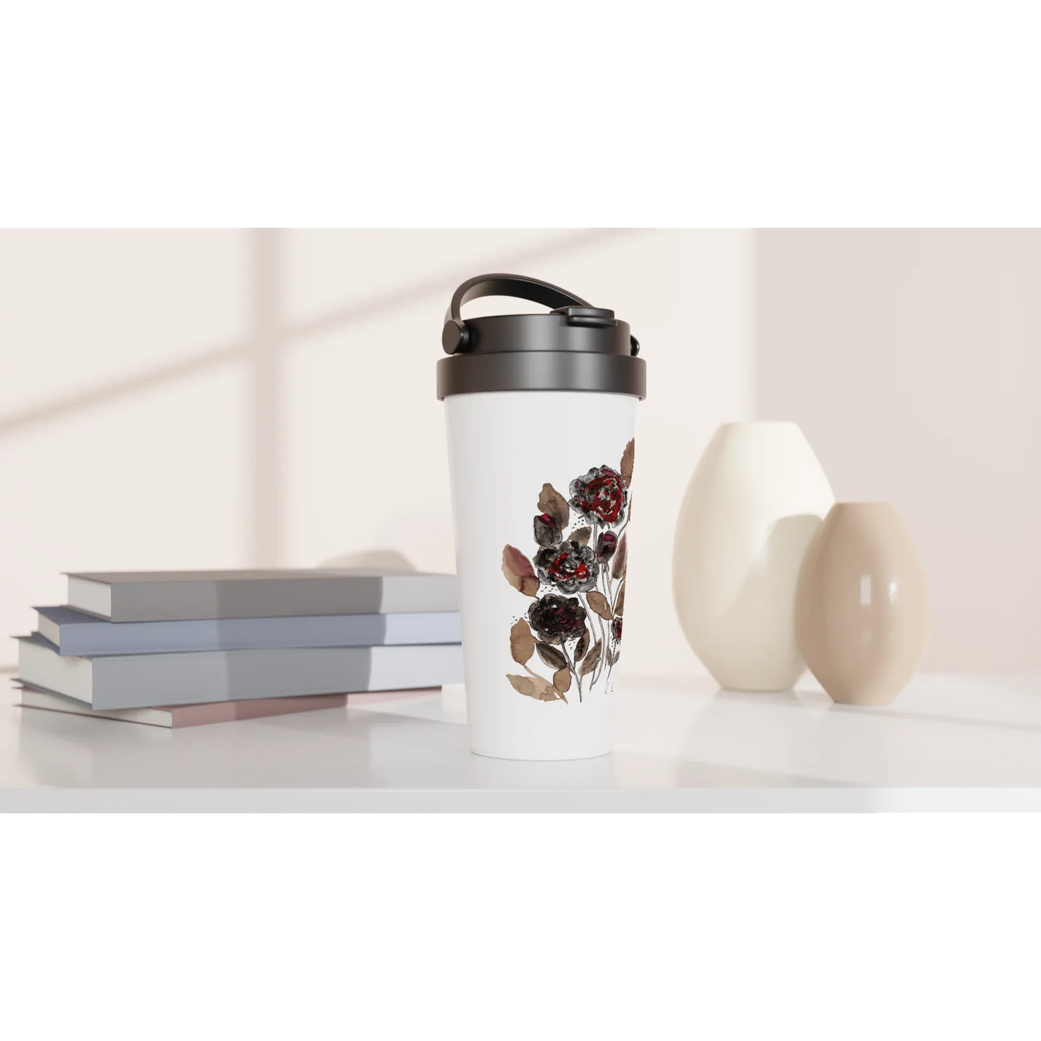 Mug de voyage blanc en acier inoxydable Automne – 44 cl | Élégant, pratique et isotherme - Laure Leprince - Artiste Peintre