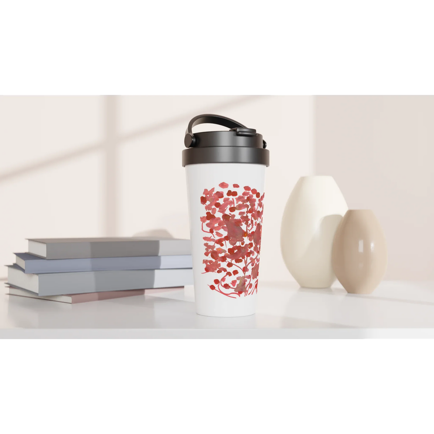 Mug de voyage blanc en acier inoxydable – 44 cl Bois de Rubis Élégant, pratique et isotherme - Laure Leprince - Artiste Peintre