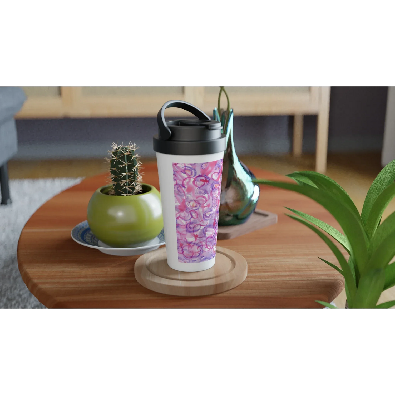 Mug de voyage isotherme 450 ml (15 oz) Floraison Intime - Étanche, réutilisable et design artistique - Laure Leprince - Artiste Peintre