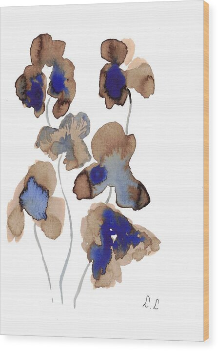 Abstract Blue and Brown Flowers - Wood Print