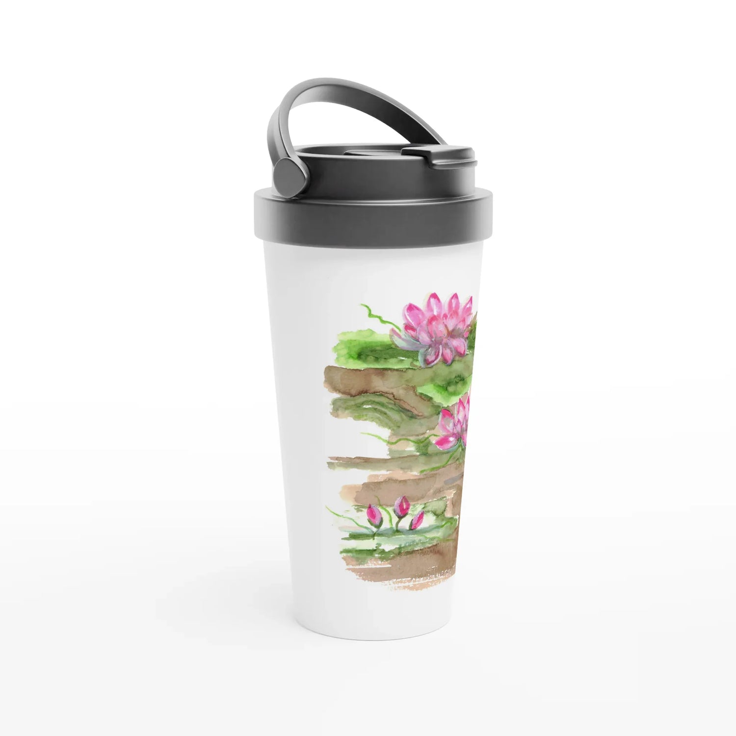 Mug de voyage blanc en acier inoxydable – 44 cl Terrasses de lotus | Élégant, pratique et isotherme - Laure Leprince - Artiste Peintre