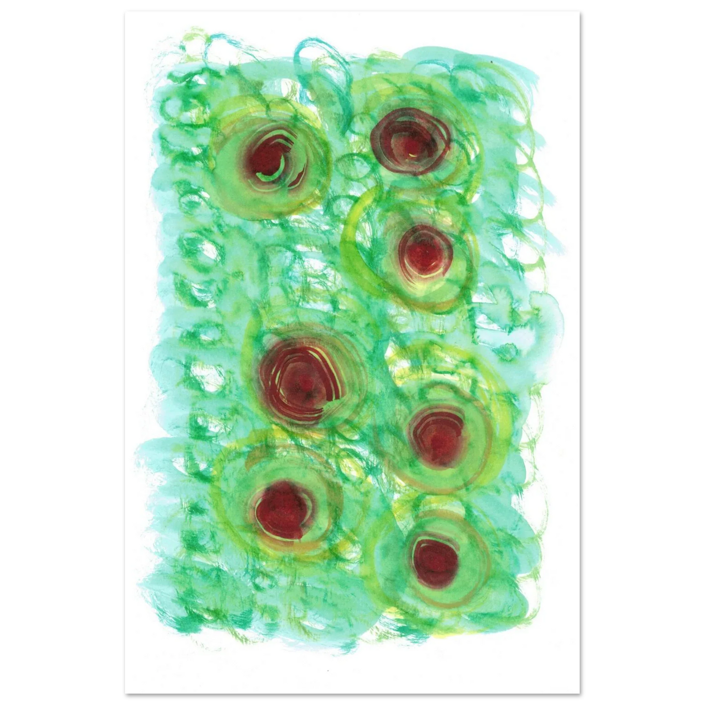 Abstract Floral Bloom Watercolor Poster - Vibrant Green & Red Art Print RDJ3-1 - Laure Leprince - Artiste Peintre