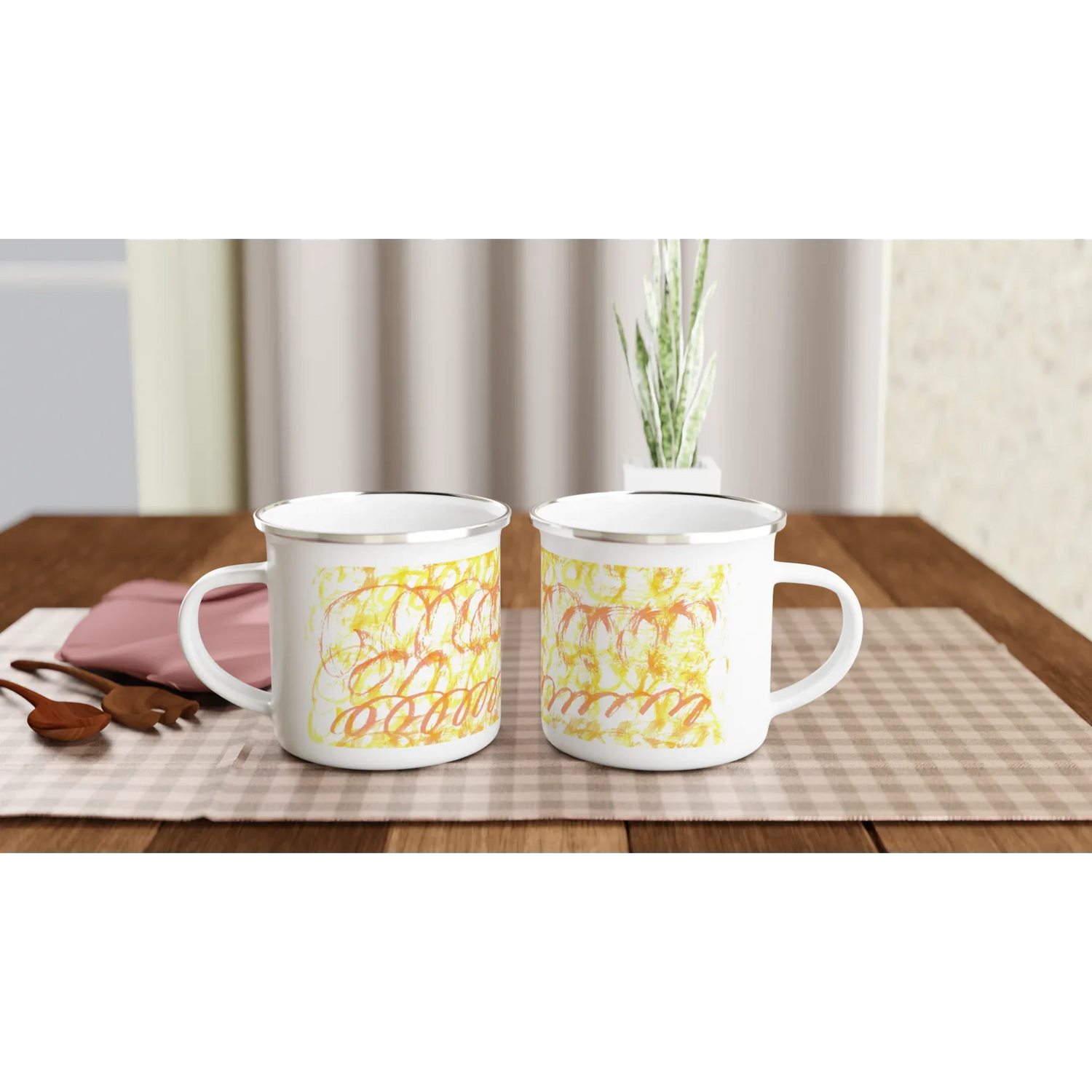 Mug en émail blanc 35 cl Yellow Waves – Léger, vintage et résistant - Laure Leprince - Artiste Peintre