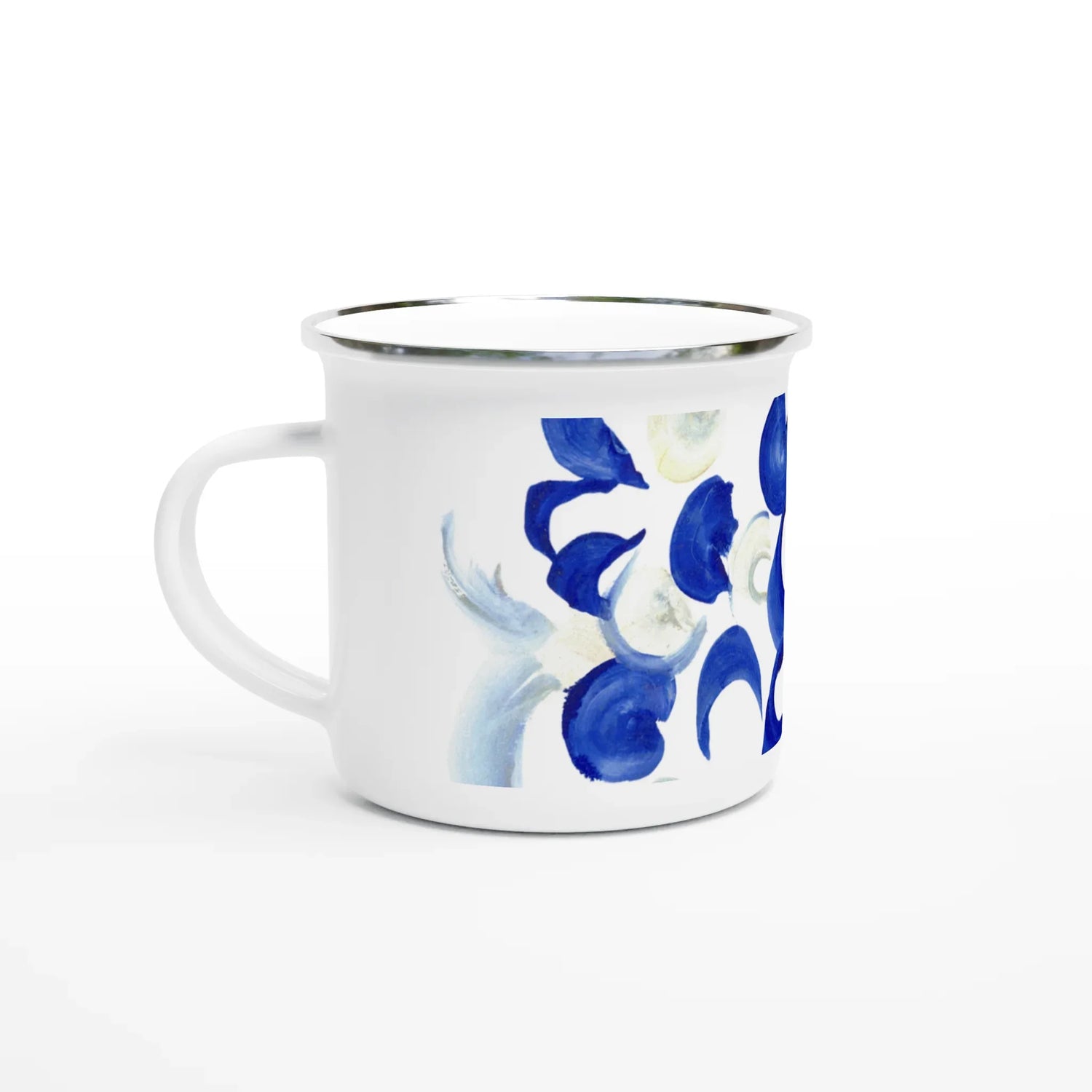 Mug en émail blanc 35 cl Blue Swirls – Léger, vintage et résistant - Laure Leprince - Artiste Peintre