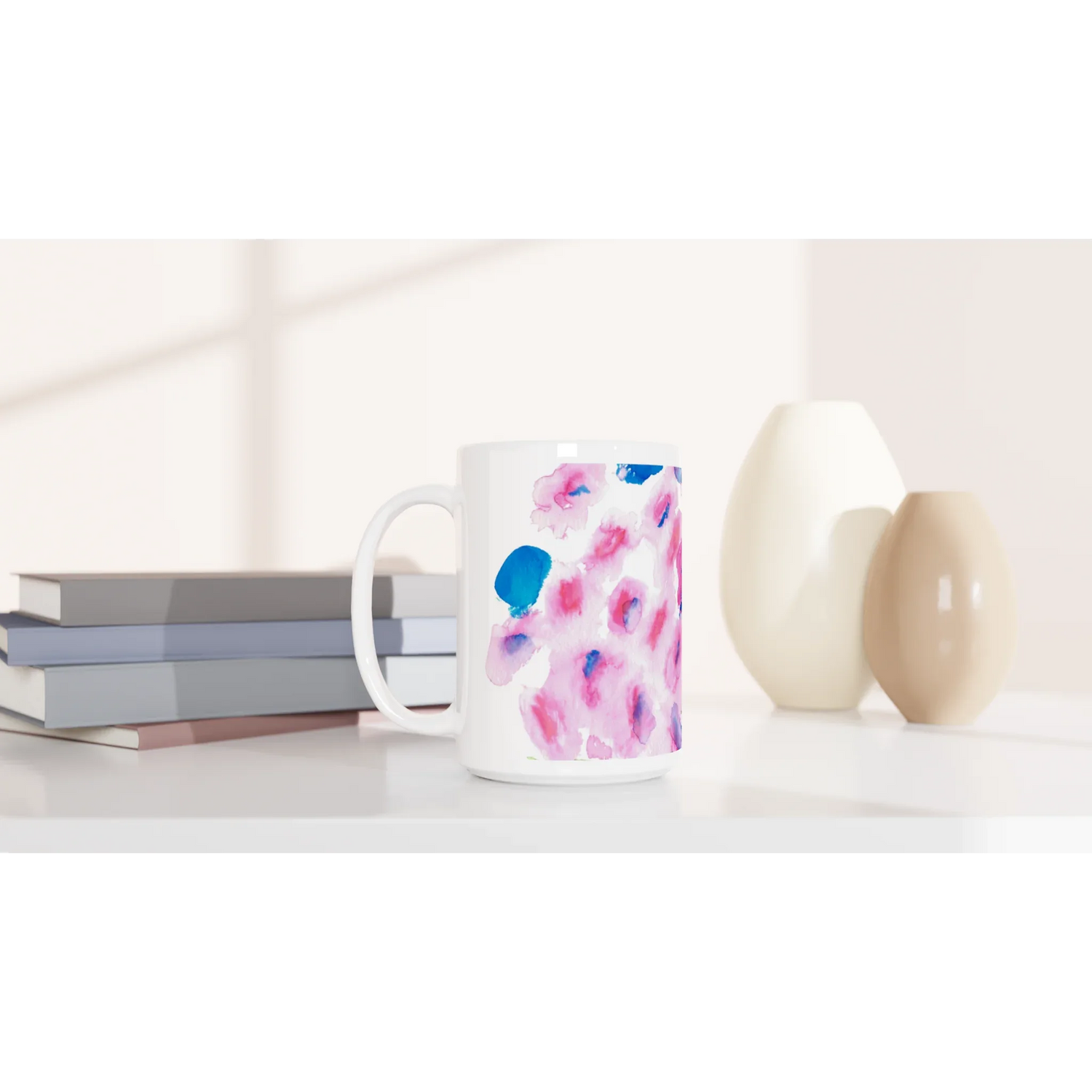 Mug en céramique blanche 44 cl Bouquets rosé – Grand format, design et qualité durable - Laure Leprince - Artiste Peintre