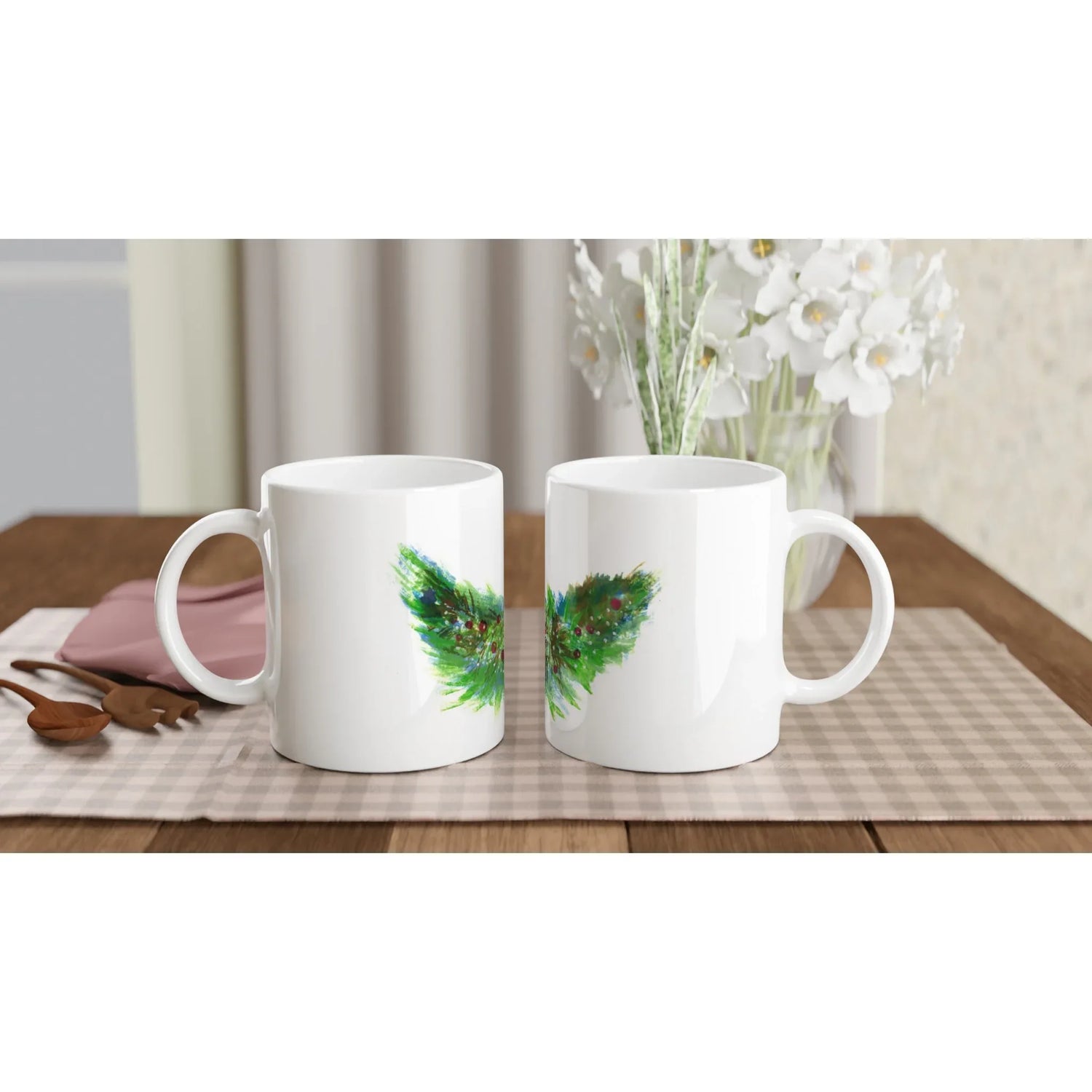 Mug en céramique blanche 325 ml Guirlande verte – Élégance, sécurité et durabilité - Laure Leprince - Artiste Peintre