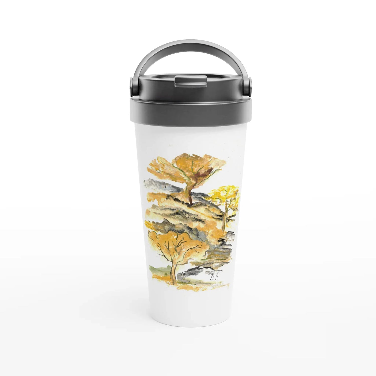 Mug de voyage blanc en acier inoxydable – 44 cl Colline d'or | Élégant, pratique et isotherme - Laure Leprince - Artiste Peintre
