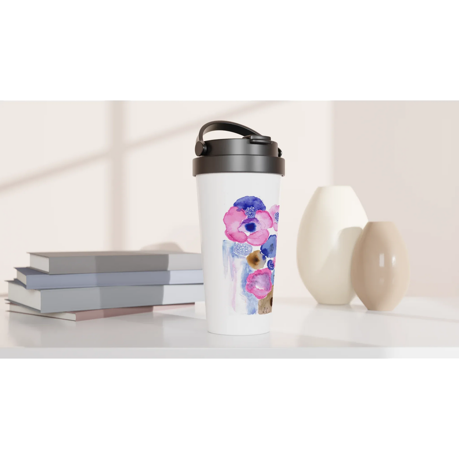 Mug de voyage blanc en acier inoxydable boreales – 44 cl boreales | Élégant, pratique et isotherme - Laure Leprince - Artiste Peintre