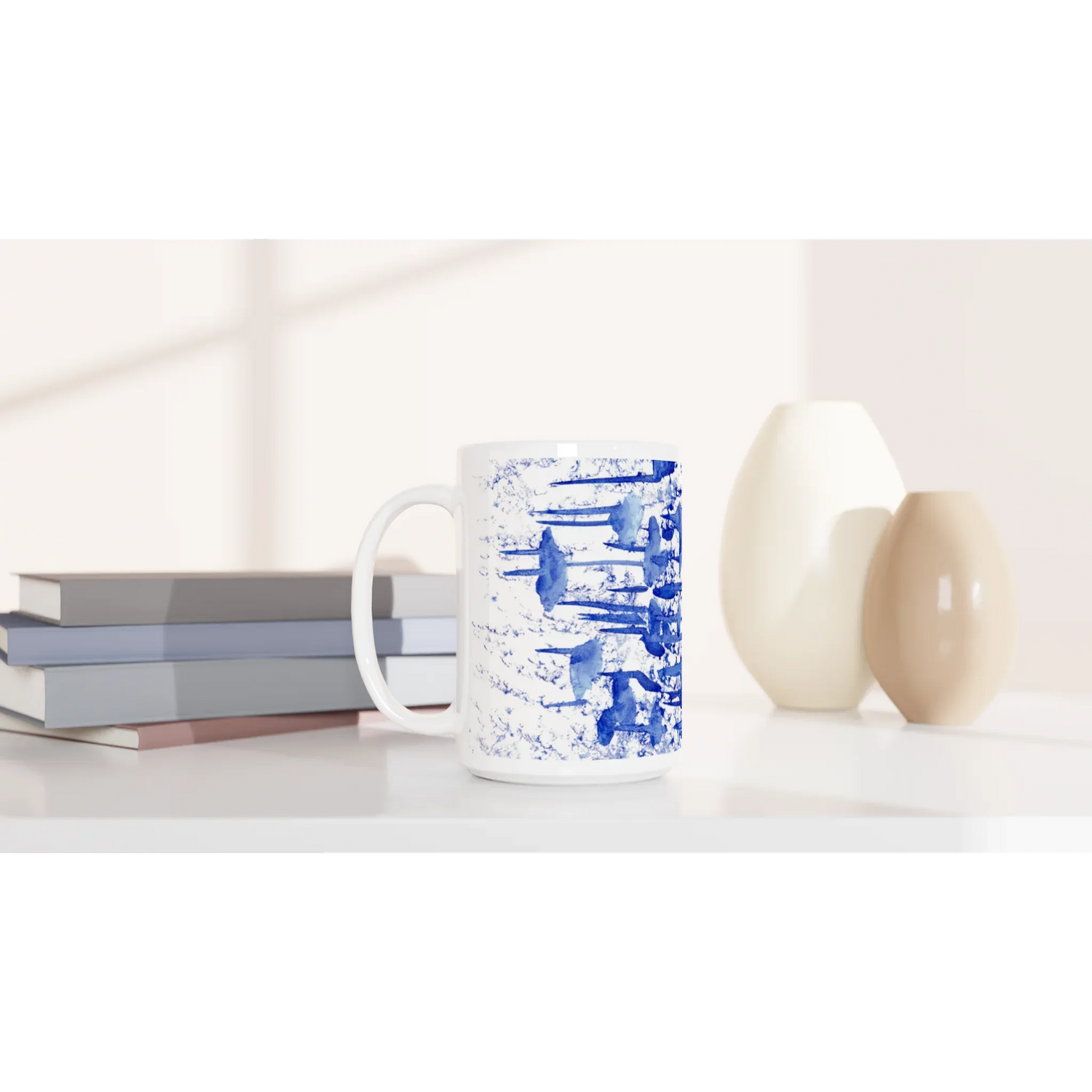 Mug en céramique blanche 44 cl Forêt Indigo – Grand format, design et qualité durable - Laure Leprince - Artiste Peintre