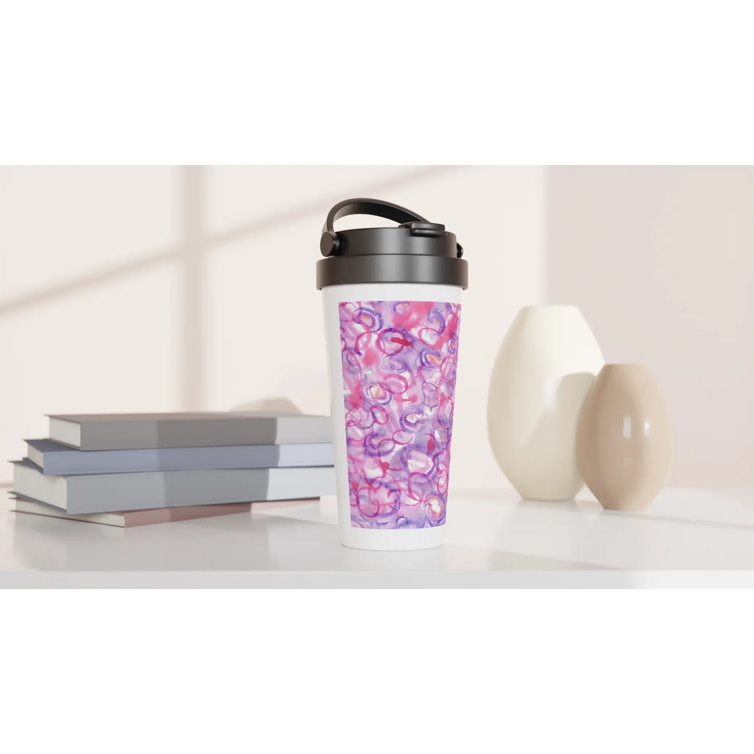 Mug de voyage isotherme 450 ml (15 oz) Floraison Intime - Étanche, réutilisable et design artistique - Laure Leprince - Artiste Peintre