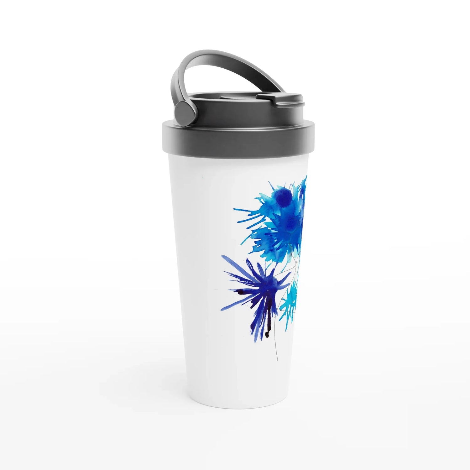 Mug de voyage blanc en acier inoxydable bleuets – 44 cl | Élégant, pratique et isotherme - Laure Leprince - Artiste Peintre