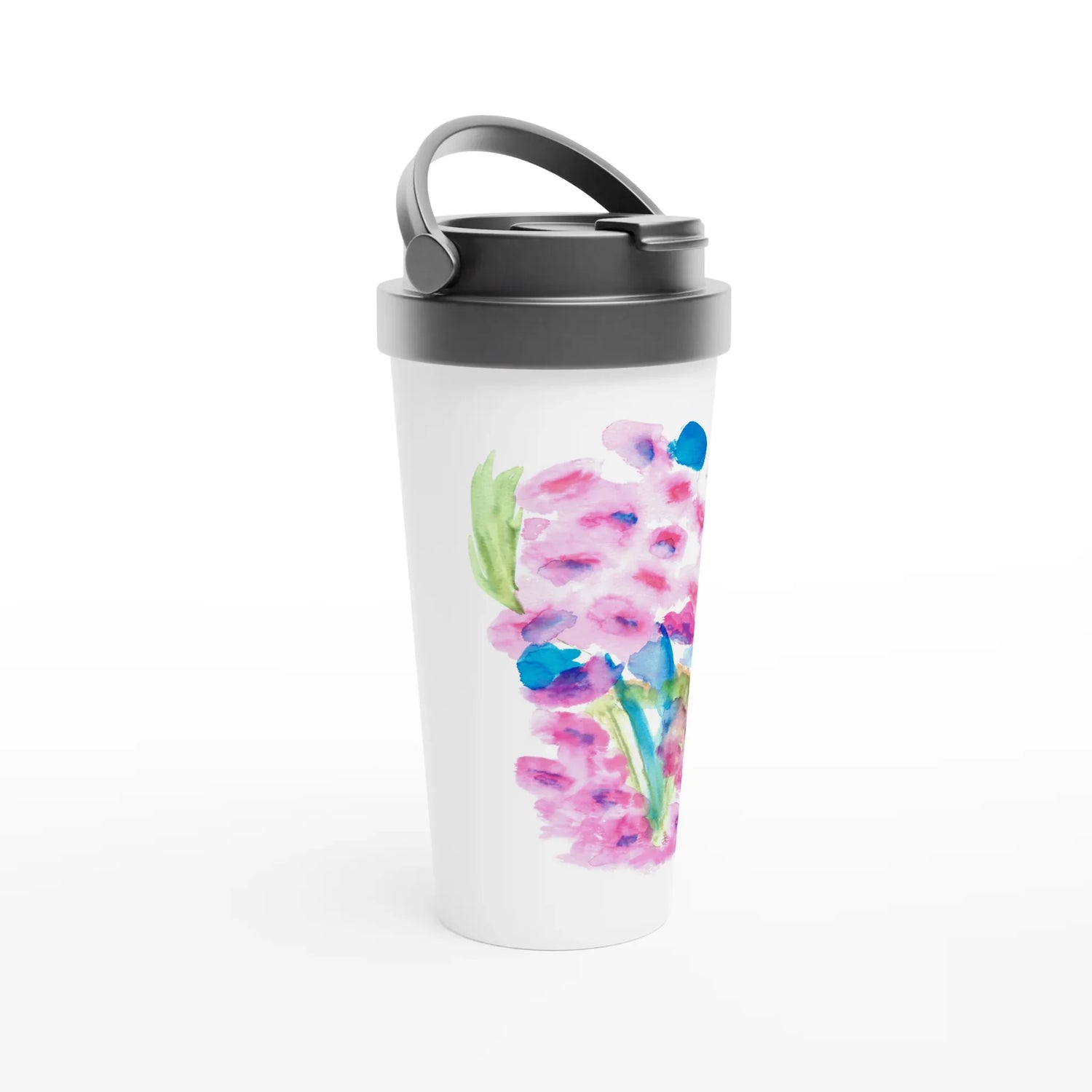 Mug de voyage blanc en acier inoxydable – 44 cl Bouquets Rosé | Élégant, pratique et isotherme - Laure Leprince - Artiste Peintre