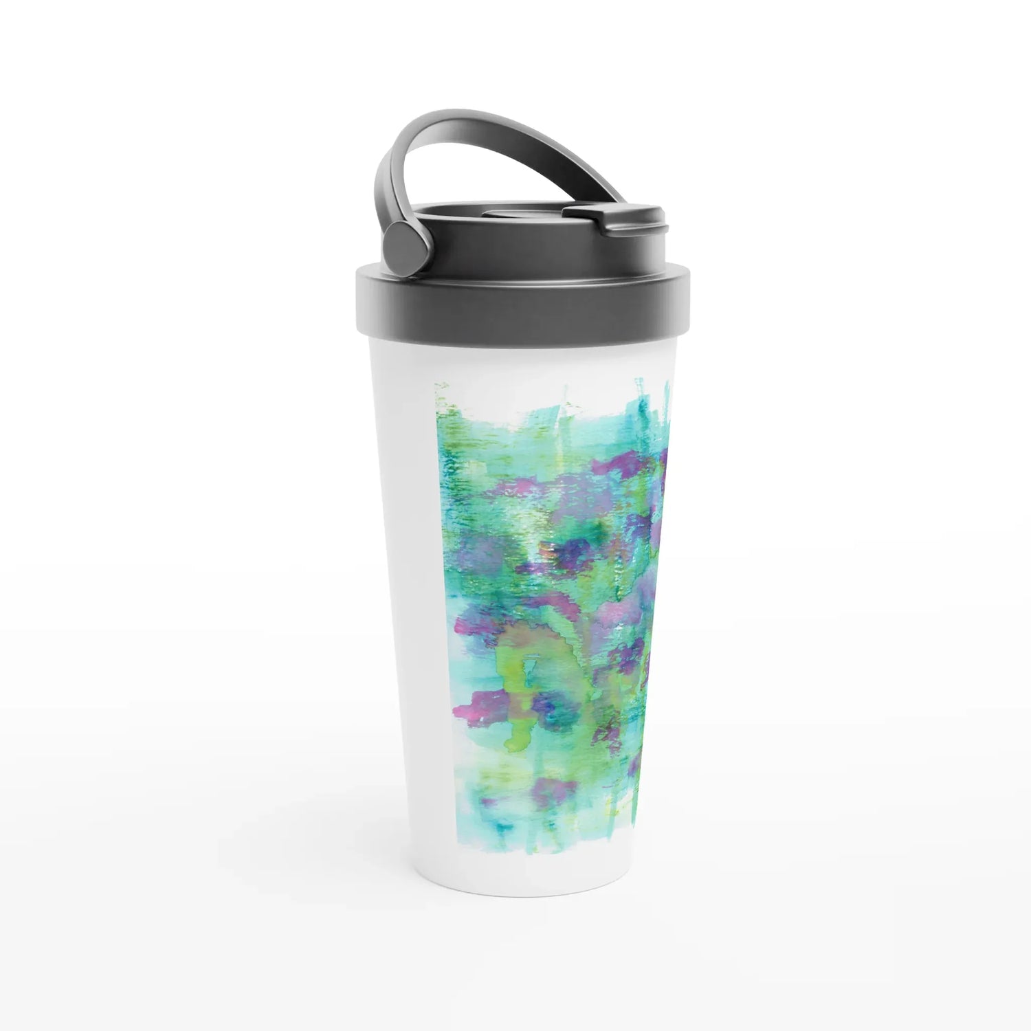 Mug de voyage blanc en acier inoxydable – 44 cl Eclosions Sauvages Élégant, pratique et isotherme - Laure Leprince - Artiste Peintre
