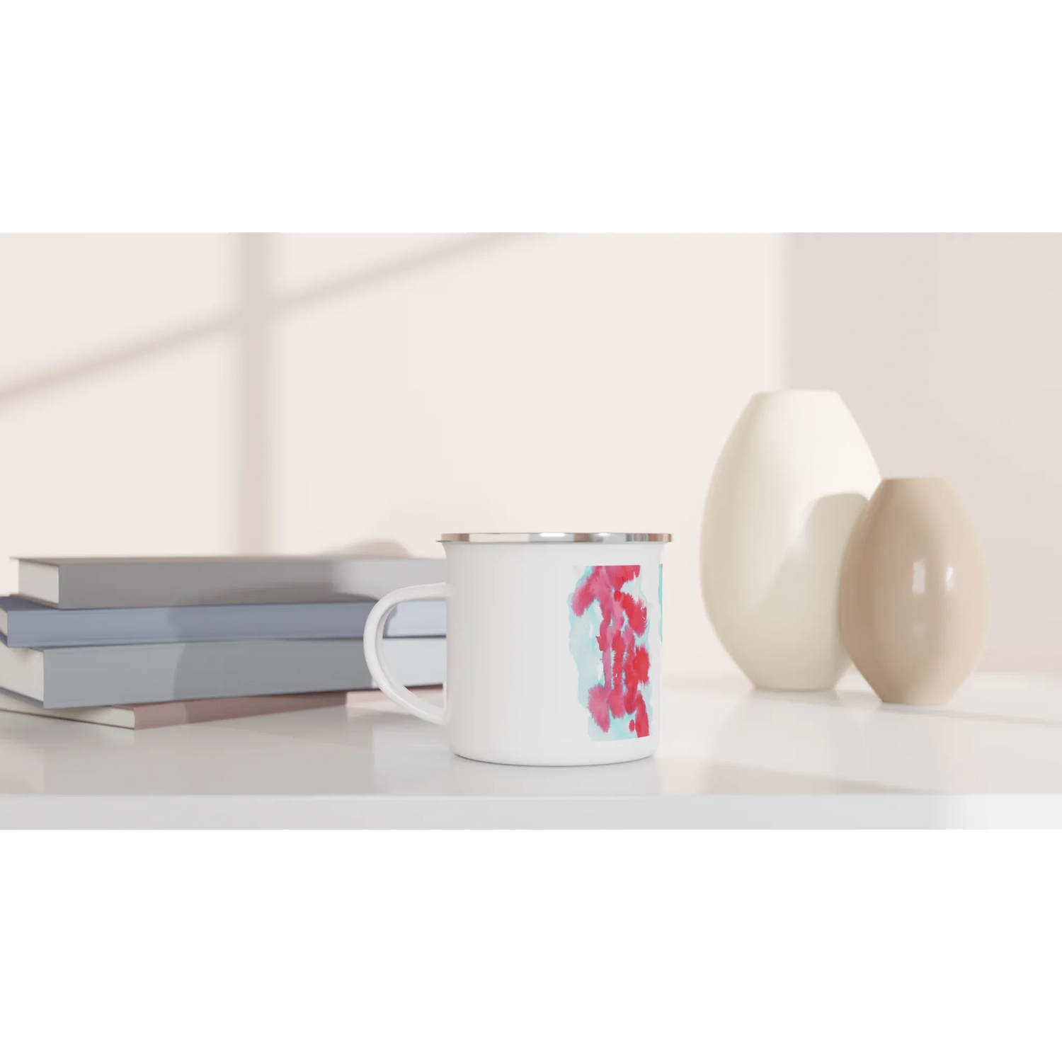 Mug en émail blanc 35 cl Brumes Carmin – Léger, vintage et résistant - Laure Leprince - Artiste Peintre