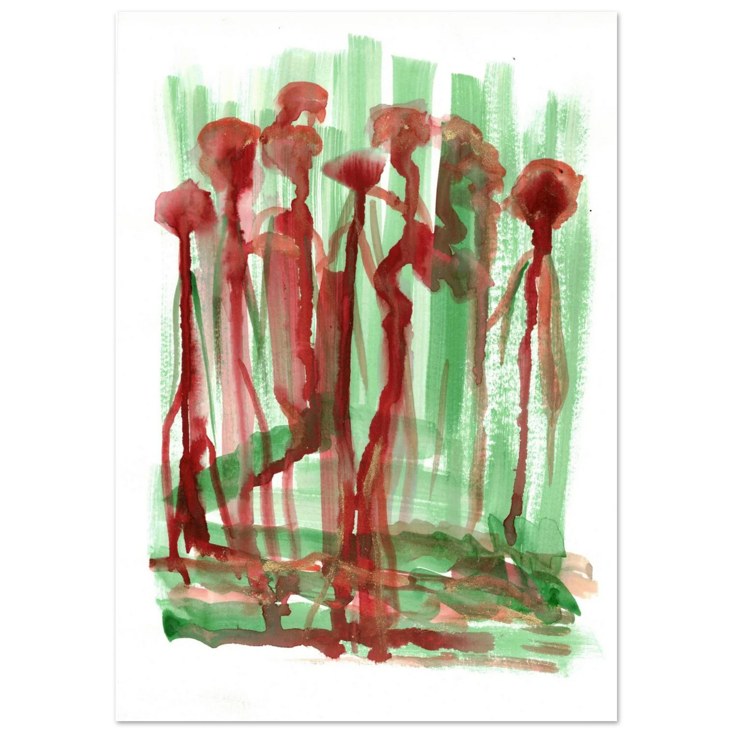 Abstract Floral Garden Premium Matte Poster - Vibrant Red & Green Watercolor Art (RDJ3-1) - Laure Leprince - Artiste Peintre