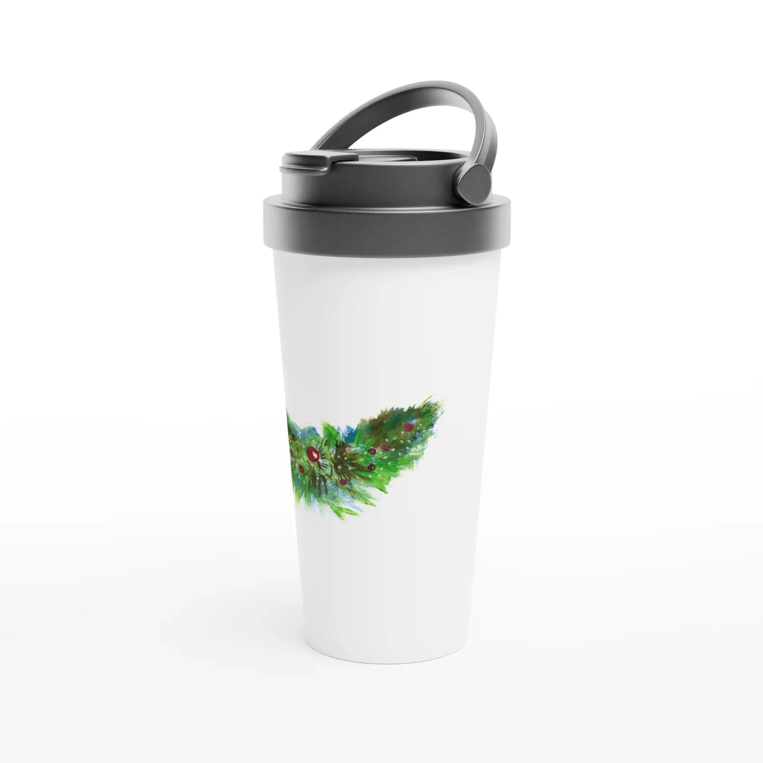 Mug de voyage blanc en acier inoxydable Guirlande verte – 44 cl | Élégant, pratique et isotherme - Laure Leprince - Artiste Peintre