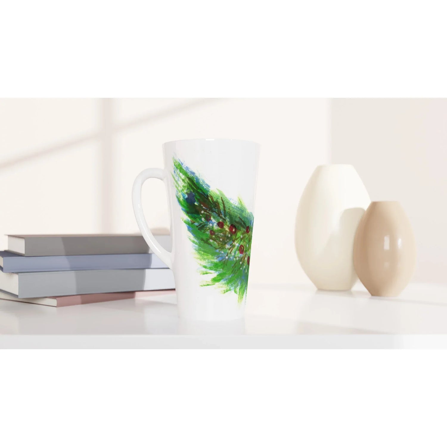 Mug à Latte en Céramique Blanche 500 ml Guirlande verte – Élégant, durable et brillant - Laure Leprince - Artiste Peintre