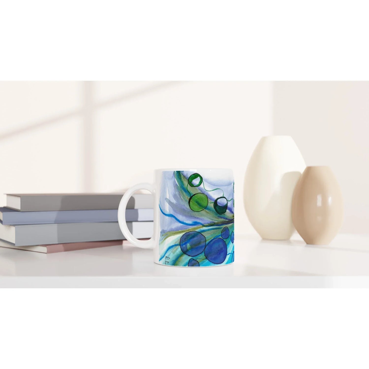 Mug en céramique blanche 325 ml Ecosphères – Élégance, sécurité et durabilité - Laure Leprince - Artiste Peintre