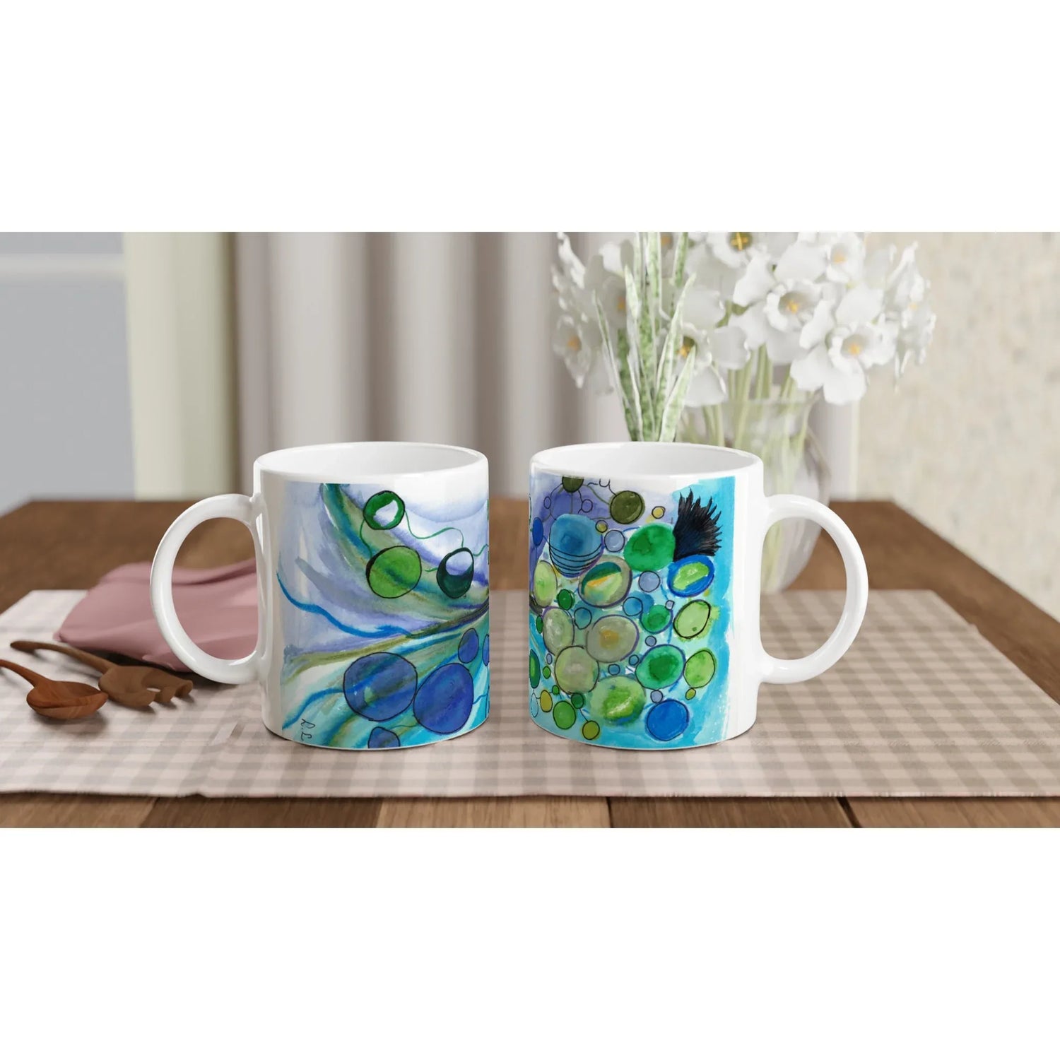 Mug en céramique blanche 325 ml Ecosphères – Élégance, sécurité et durabilité - Laure Leprince - Artiste Peintre