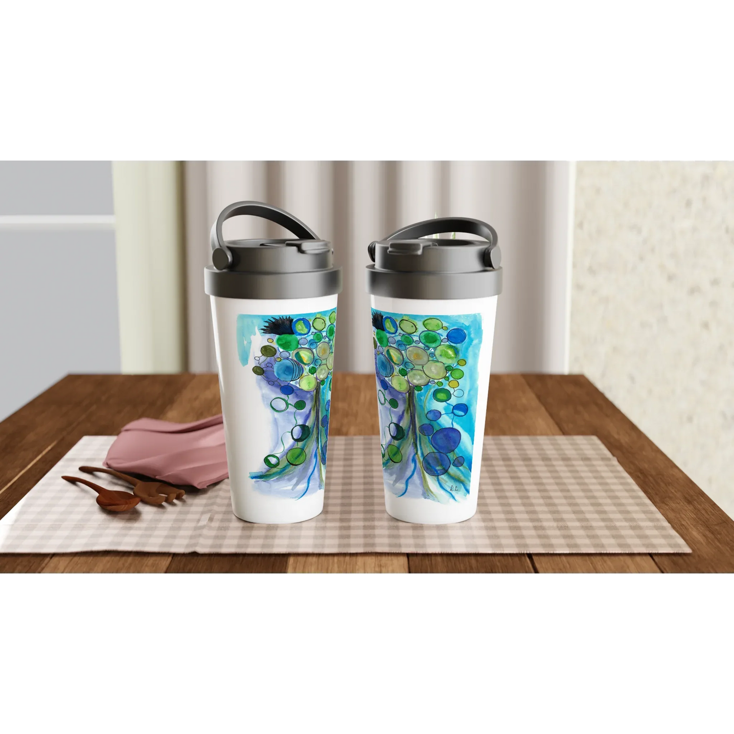 Mug de voyage blanc en acier inoxydable – 44 cl Ecosphères | Élégant, pratique et isotherme - Laure Leprince - Artiste Peintre