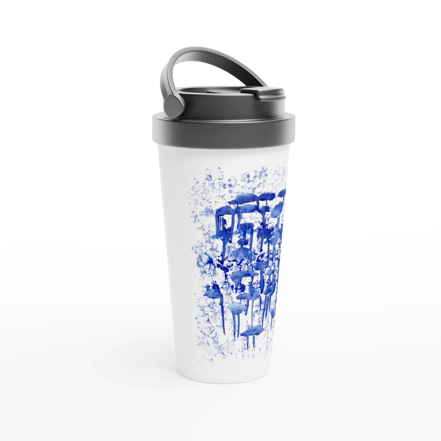 Mug de voyage blanc en acier inoxydable – 44 cl Forêt Indigo Élégant, pratique et isotherme - Laure Leprince - Artiste Peintre