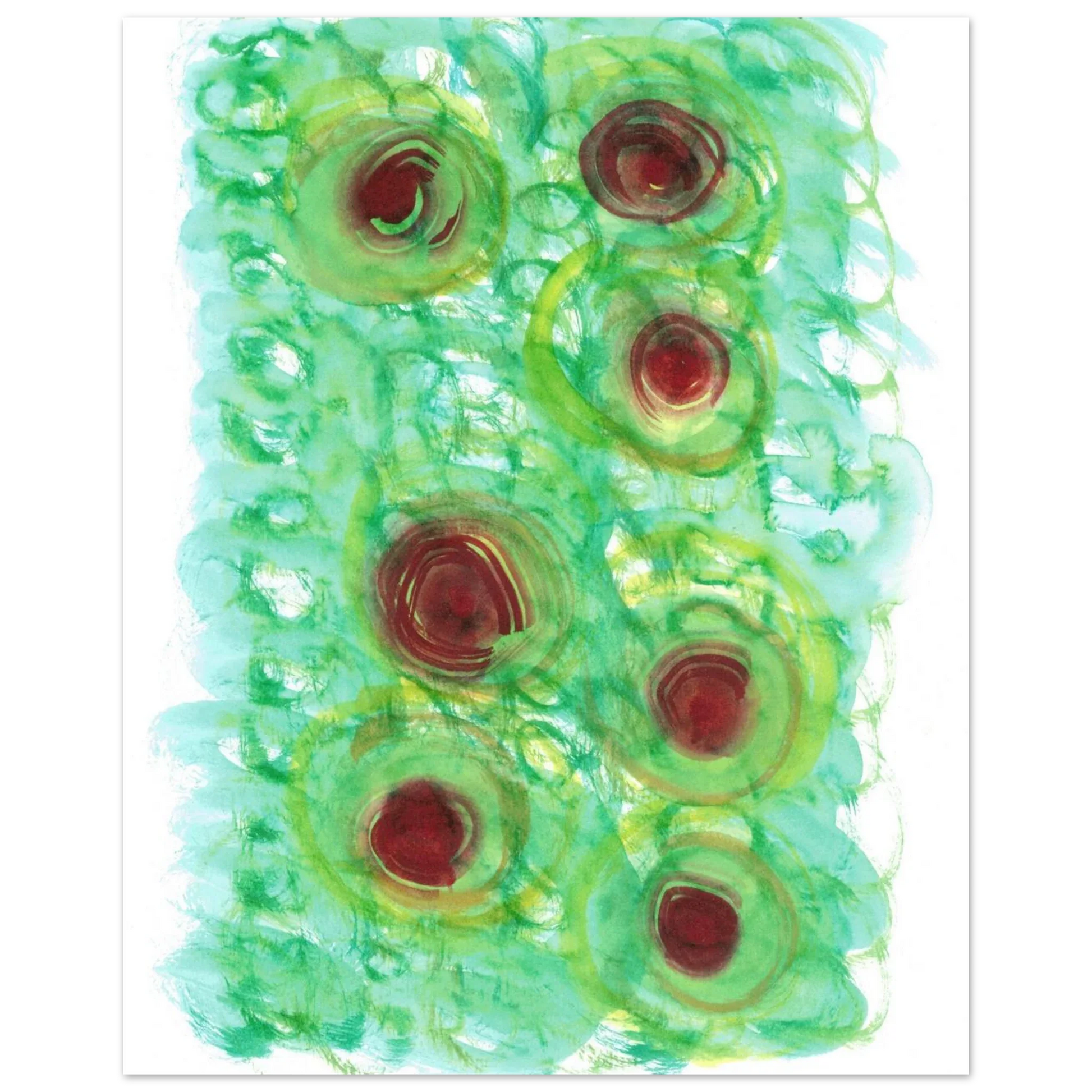Abstract Floral Bloom Watercolor Poster - Vibrant Green & Red Art Print RDJ3-1 - Laure Leprince - Artiste Peintre
