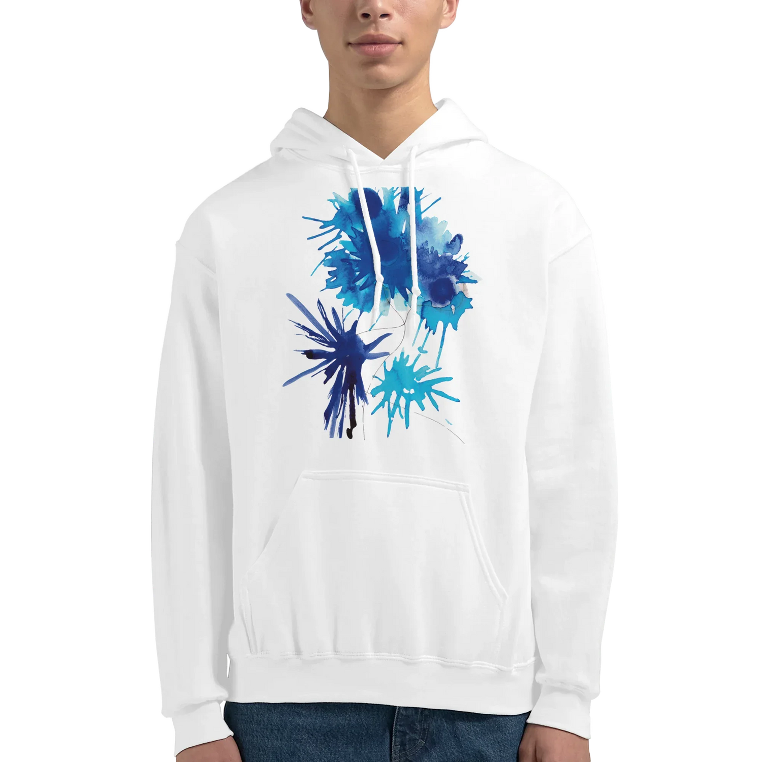 Sweat à capuche unisexe artistique Bleuets| Gildan® 18500 White - Laure Leprince - Artiste Peintre