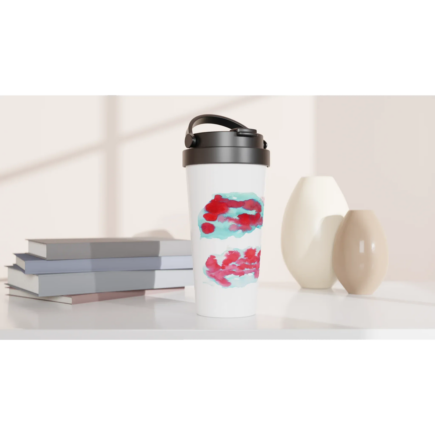 Mug de voyage blanc en acier inoxydable – 44 cl Brumes Carmin Élégant, pratique et isotherme - Laure Leprince - Artiste Peintre