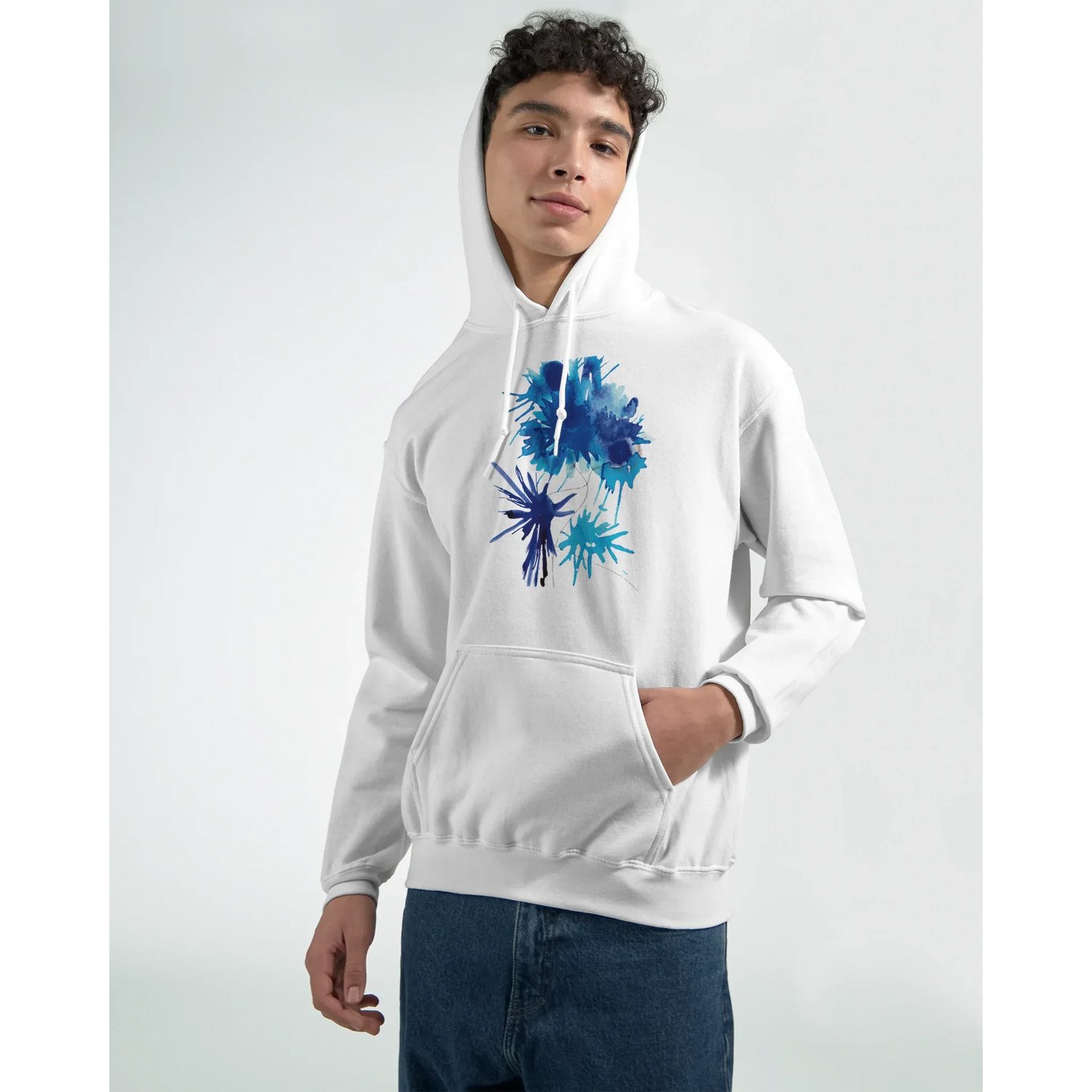 Sweat à capuche unisexe artistique Bleuets| Gildan® 18500 White - Laure Leprince - Artiste Peintre