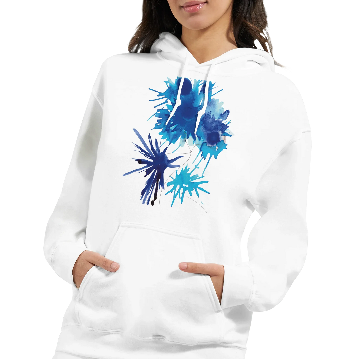 Sweat à capuche unisexe artistique Bleuets| Gildan® 18500 White - Laure Leprince - Artiste Peintre
