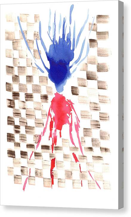 Damier Checkerboard Abstract Floral Composition Blue  Red Watercolor - Canvas Print