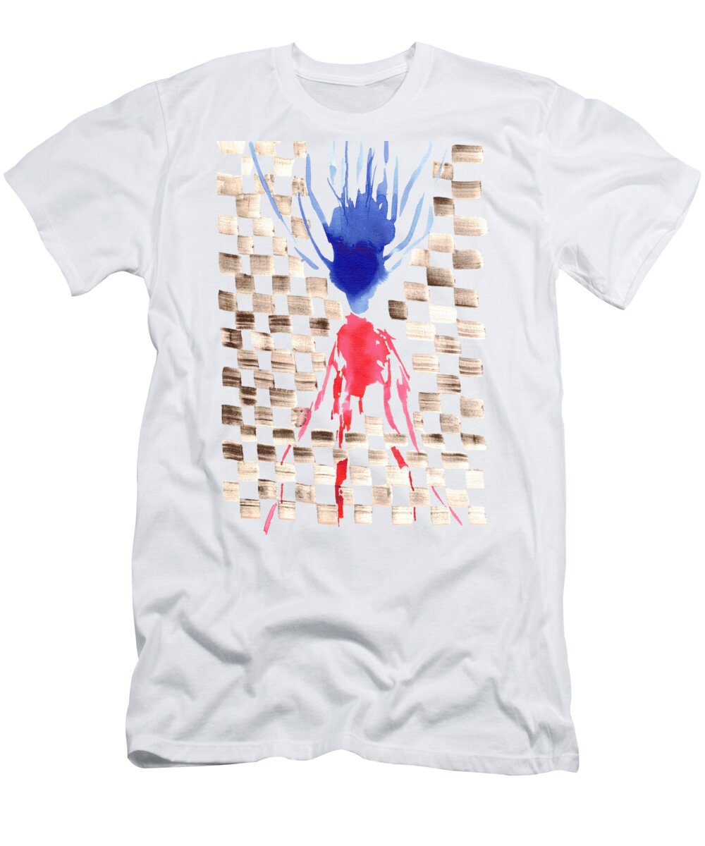 T-shirt Art Aquarelle Damier – Composition Florale Bleu & Rouge | Abstract Checkerboard Watercolor Tee