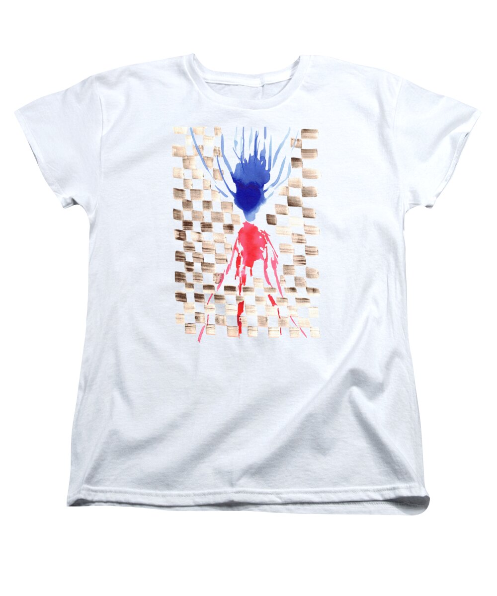 Damier Checkerboard Abstract Floral Composition Blue  Red Watercolor - Women's T-Shirt (Standard Fit)
