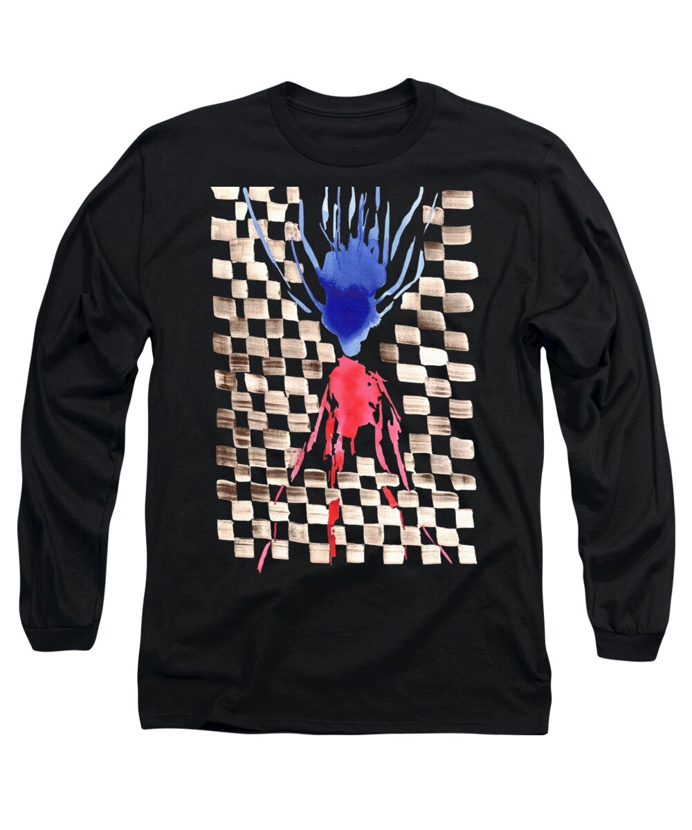 T-Shirts Long Sleeve Damier Checkerboard Abstract Floral Composition Blue  Red Watercolor