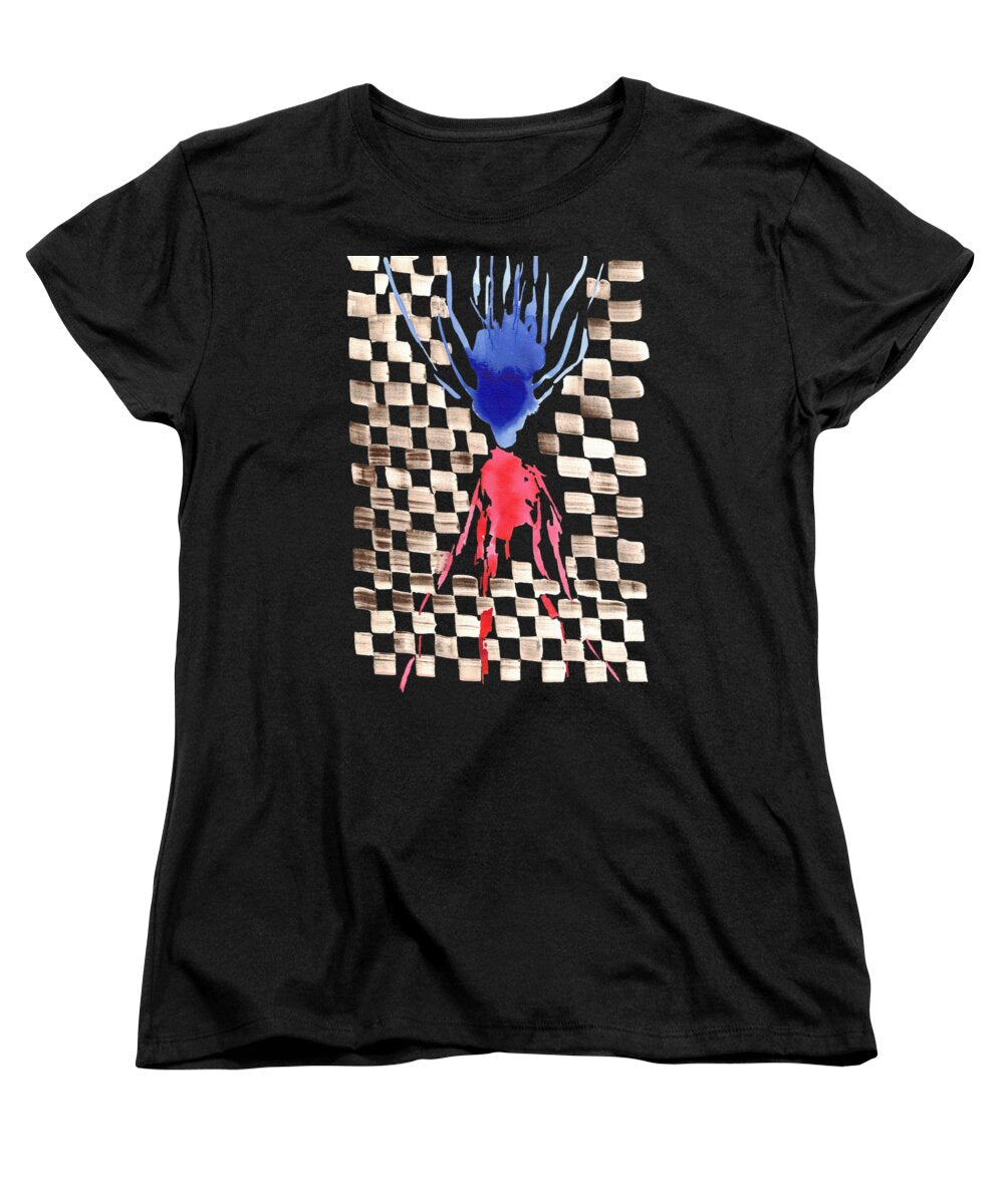 Damier Checkerboard Abstract Floral Composition Blue  Red Watercolor - Women's T-Shirt (Standard Fit)