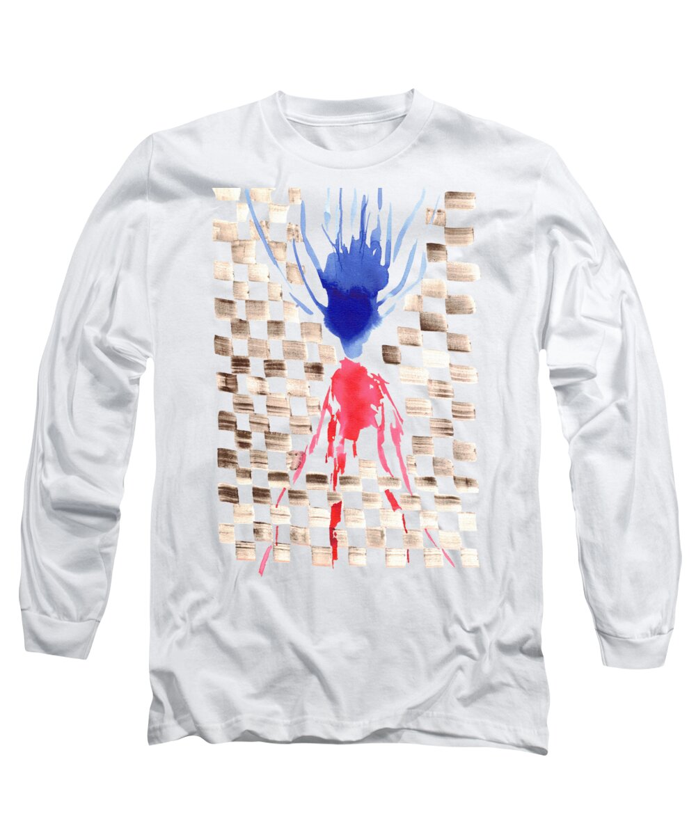 T-Shirts Long Sleeve Damier Checkerboard Abstract Floral Composition Blue  Red Watercolor