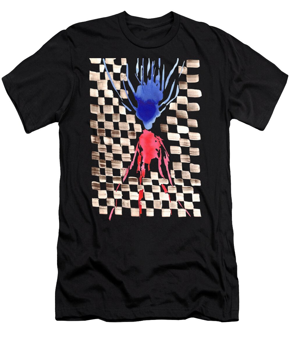 T-shirt Art Aquarelle Damier – Composition Florale Bleu & Rouge | Abstract Checkerboard Watercolor Tee