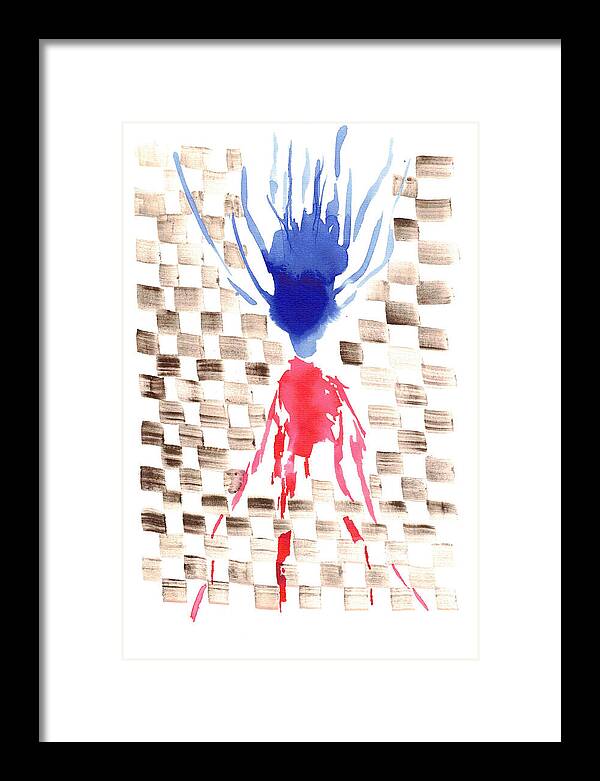 Damier Checkerboard Abstract Floral Composition Blue  Red Watercolor - Framed Print