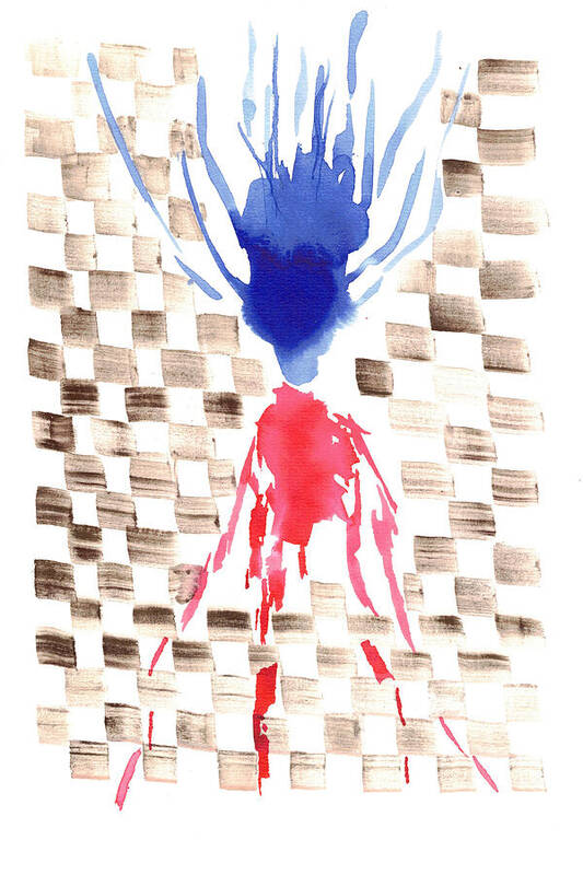 Damier Checkerboard Abstract Floral Composition Blue  Red Watercolor - Art Print